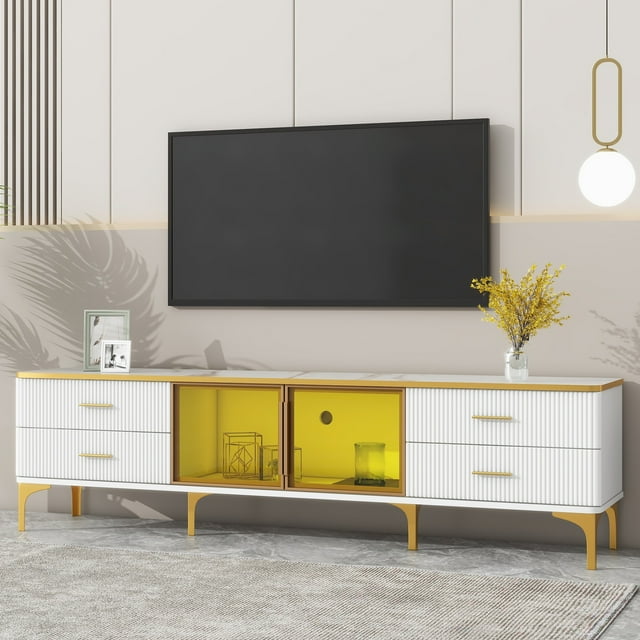 SESSLIFE Modern White TV Stand for 80-Inch TV with Adjustable LED