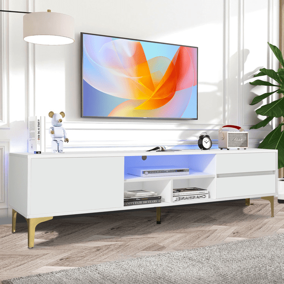 SESSLIFE White TV Stand with 4 Cabinets for 80 Inch TV, Modern TV Cabinet with Metal Legs and Handles, Living Room Entertainment Center