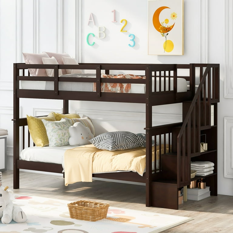 SESSLIFE Wood Bunk Bed with Staircase Espresso Twin Bunk Beds