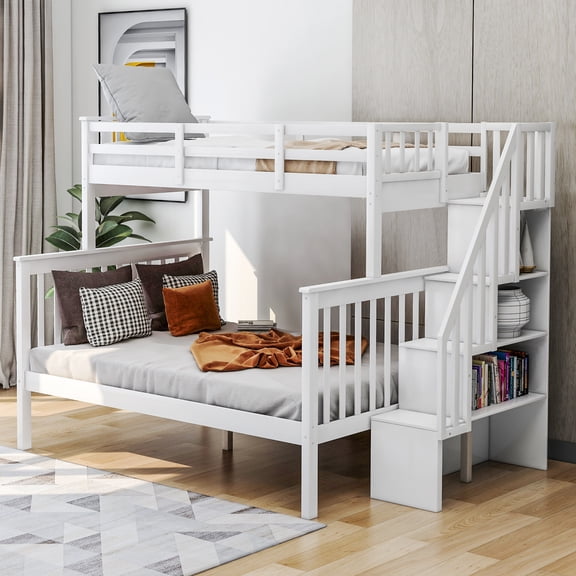 SESSLIFE Wood Bunk Bed with Staircase, White Twin Over Full Bunk Beds, Bunk Bed with Storage Shelves and Full Length Guardrail, No Box Spring Required, TE1338