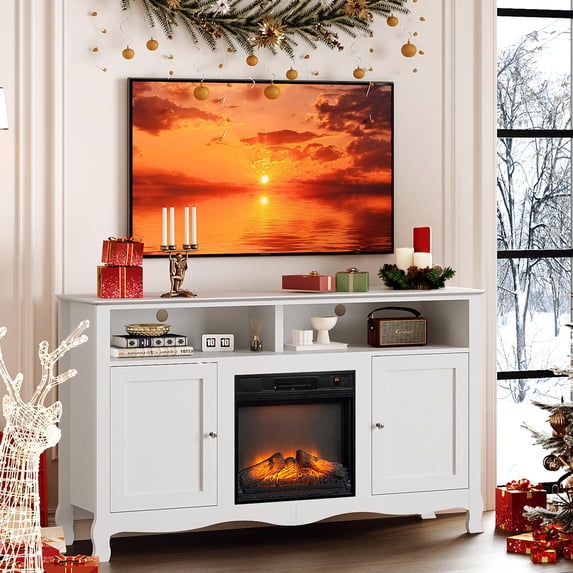 SESSLIFE Fireplace TV Stand for 65 Inch TV, TV Console with 18''Electric Fireplace, Console Entertainment Center Television Table for Living Room or Bedroom, White