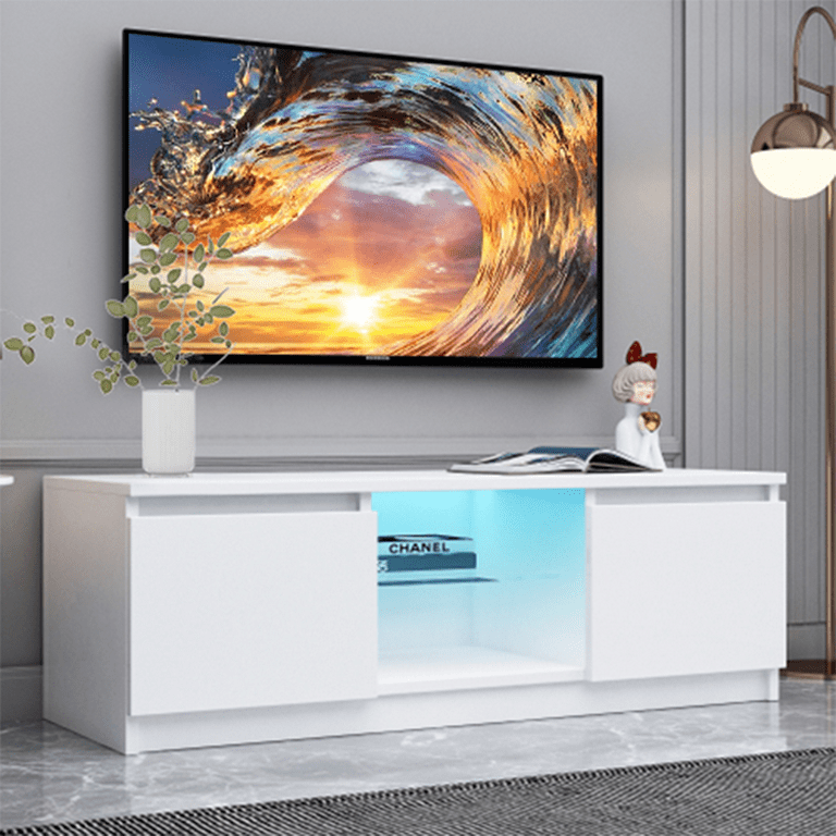 SESSLIFE Wood TV Stand w/ 16 LED Lights, White Television Stands