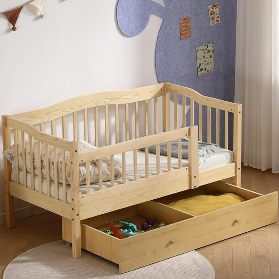 SESSLIFE Wood Toddler Day Bed with 2 Pull-Out Drawers, Kid Bed Frame with Fence Railings, No Box Spring Needed, Solid Wood Slats Supported Daybed for Toddler (Natural)