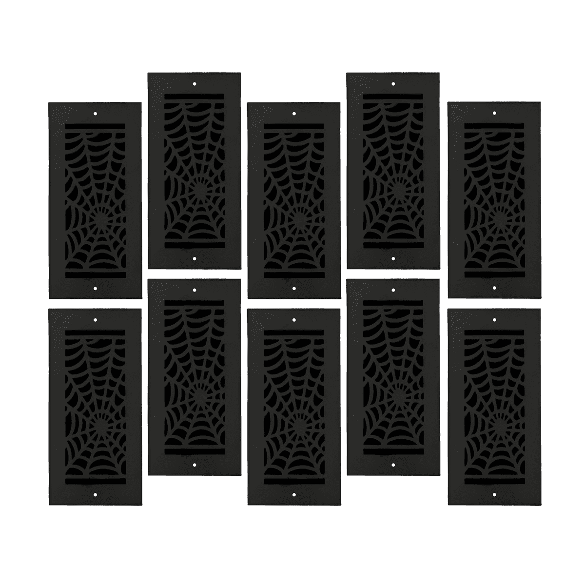 SET OF 10 Spooky Gothic Vent Cover 4"x10" Duct Opening (Overall 5-1/2"x 11-3/4") in Spider Web Solid Cast Aluminum Register Cover || Powder Coated Black with holes