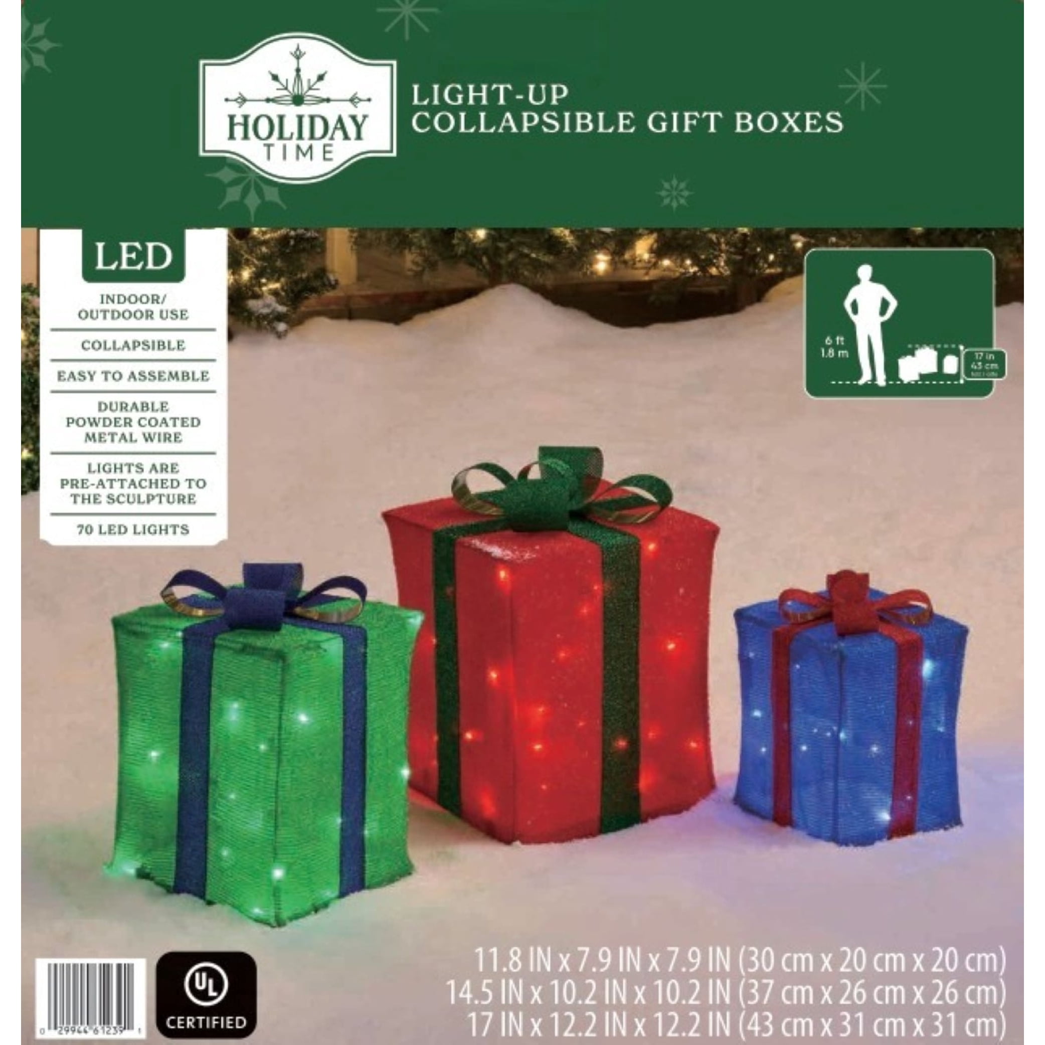 Indoor/Outdoor Light-Up Gift Boxes Christmas Decorations with 70 LED Lights, Multicolor, Set of 3, by Holiday Time