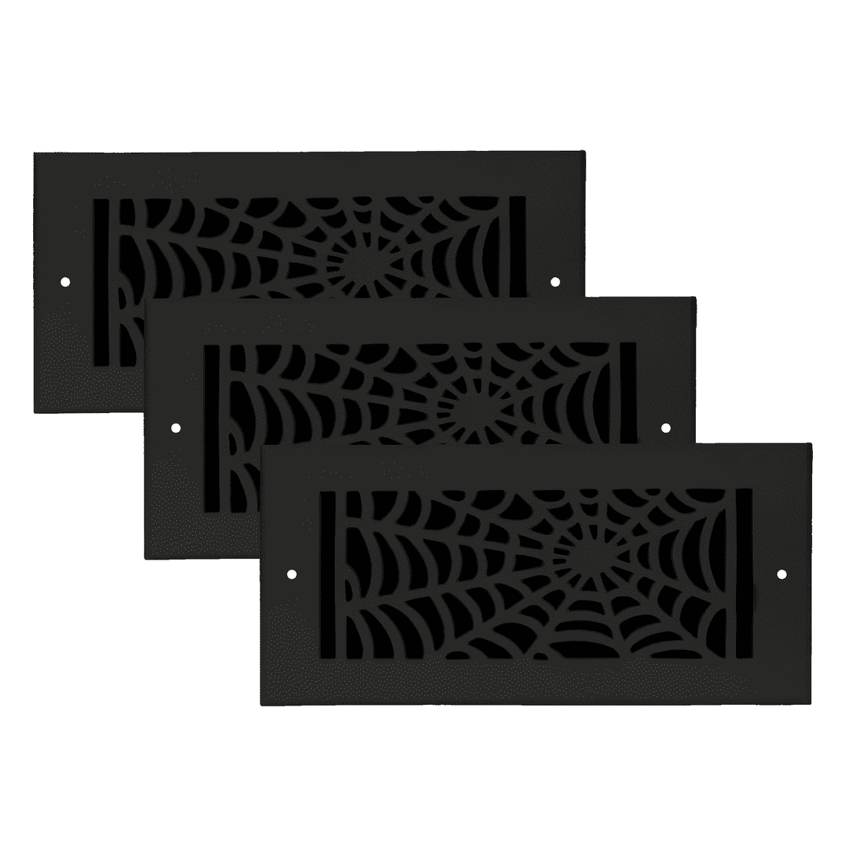 SET OF 3 Spooky Gothic Vent Cover 4"x10" Duct Opening (Overall 5-1/2"x 11-3/4") in Spider Web Solid Cast Aluminum Register Cover || Powder Coated Black with holes