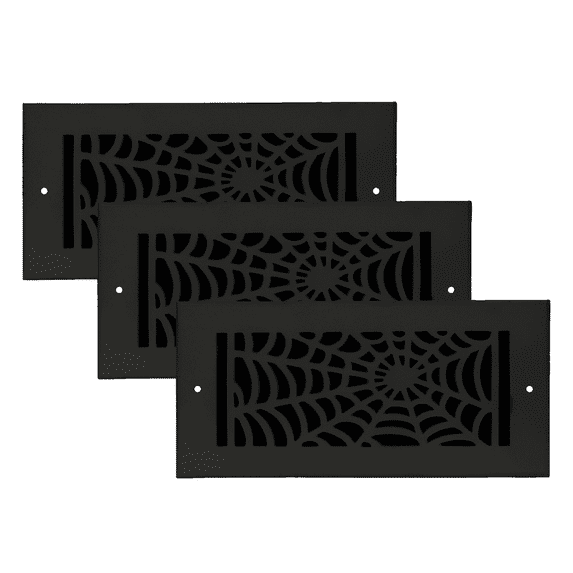 SET OF 3 Spooky Gothic Vent Cover 4"x10" Duct Opening (Overall 5-1/2"x 11-3/4") in Spider Web Solid Cast Aluminum Register Cover || Powder Coated Black with holes
