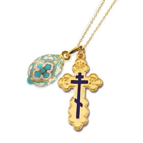SET OF 3 - Sterling Silver 22kt Gold Plated Three Barred St Olga Cross - Sterling Silver Gold Plated Egg Pendant & Sterling Silver Gold Plated Chain 18"