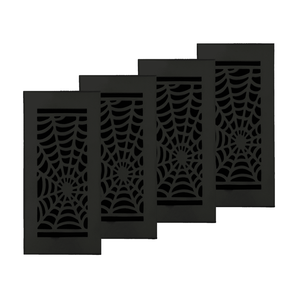 SET OF 4 Spooky Gothic Vent Cover 4"x10" Duct Opening (Overall 5-1/2"x 11-3/4") in Spider Web Solid Cast Aluminum Register Cover || Powder Coated Black No holes