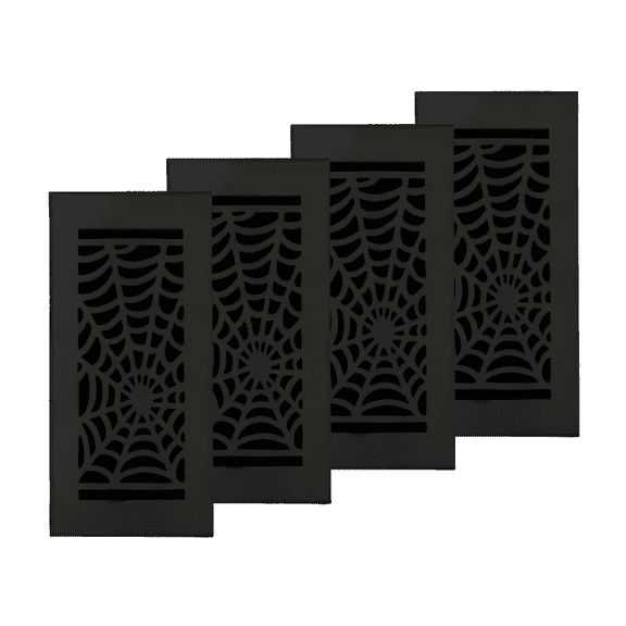 SET OF 4 Spooky Gothic Vent Cover 4"x10" Duct Opening (Overall 5-1/2"x 11-3/4") in Spider Web Solid Cast Aluminum Register Cover || Powder Coated Black No holes