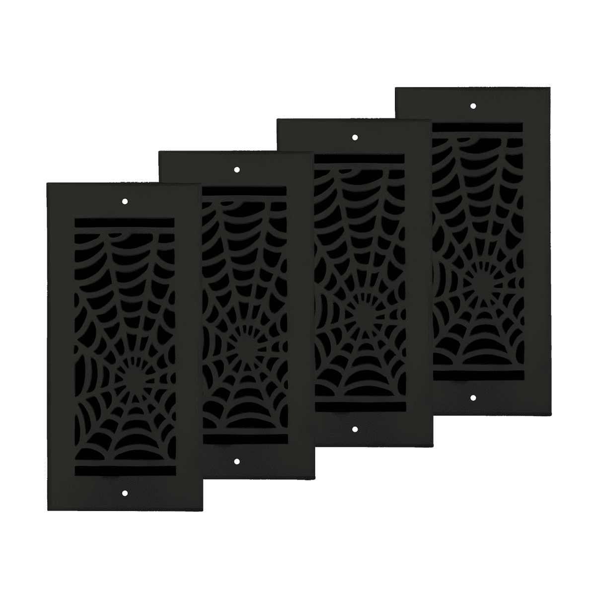 SET OF 4 Spooky Gothic Vent Cover 4"x10" Duct Opening (Overall 5-1/2"x 11-3/4") in Spider Web Solid Cast Aluminum Register Cover || Powder Coated Black with holes