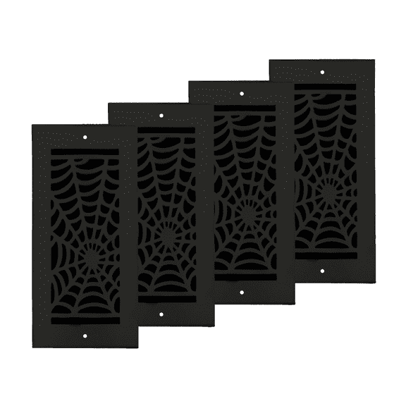 SET OF 4 Spooky Gothic Vent Cover 4"x10" Duct Opening (Overall 5-1/2"x 11-3/4") in Spider Web Solid Cast Aluminum Register Cover || Powder Coated Black with holes