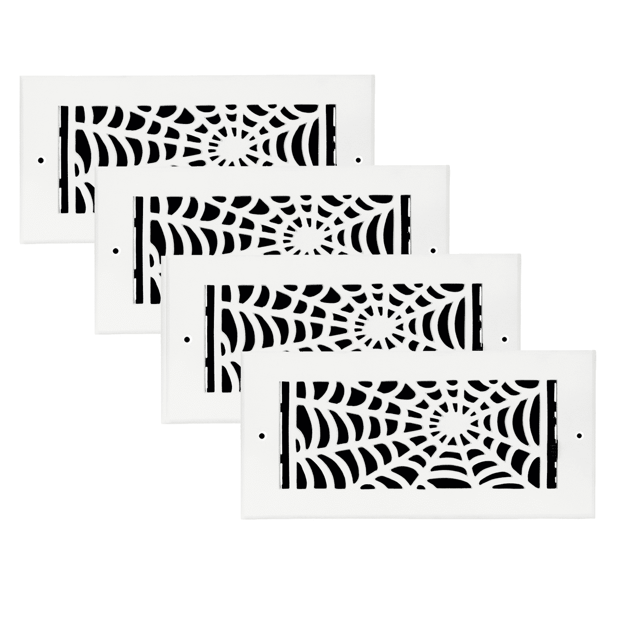 SET OF 4 Spooky Gothic Vent Cover 4"x10" Duct Opening (Overall 5-1/2"x 11-3/4") in Spider Web Solid Cast Aluminum Register Cover || Powder Coated White with holes