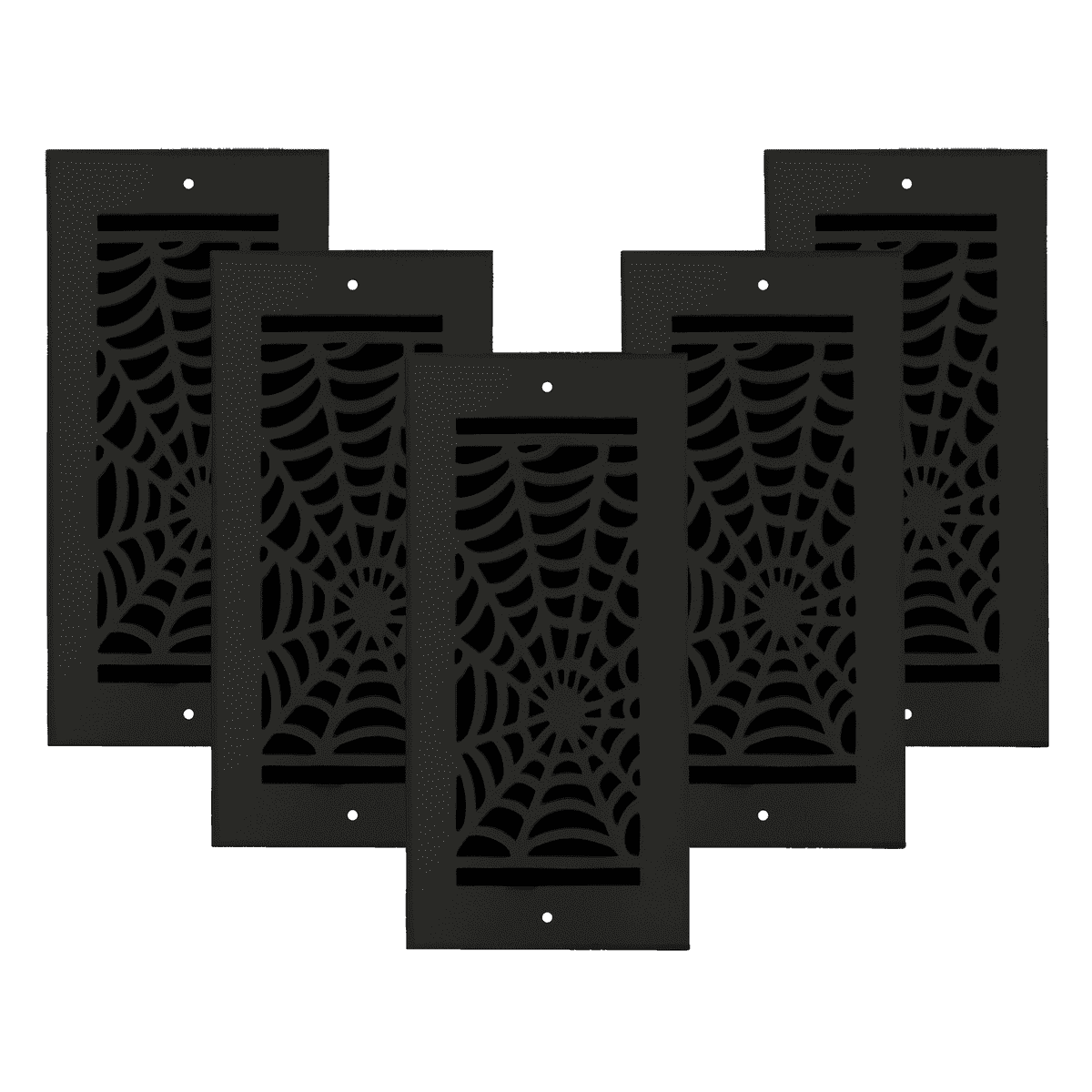 SET OF 5 Spooky Gothic Vent Cover 4"x10" Duct Opening (Overall 5-1/2"x 11-3/4") in Spider Web Solid Cast Aluminum Register Cover || Powder Coated Black with holes