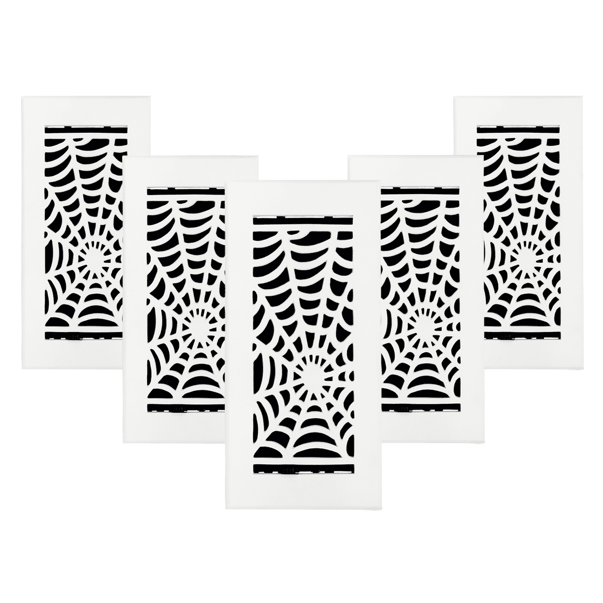 SET OF 5 Spooky Gothic Vent Cover 4"x10" Duct Opening (Overall 5-1/2"x 11-3/4") in Spider Web Solid Cast Aluminum Register Cover || Powder Coated White No holes
