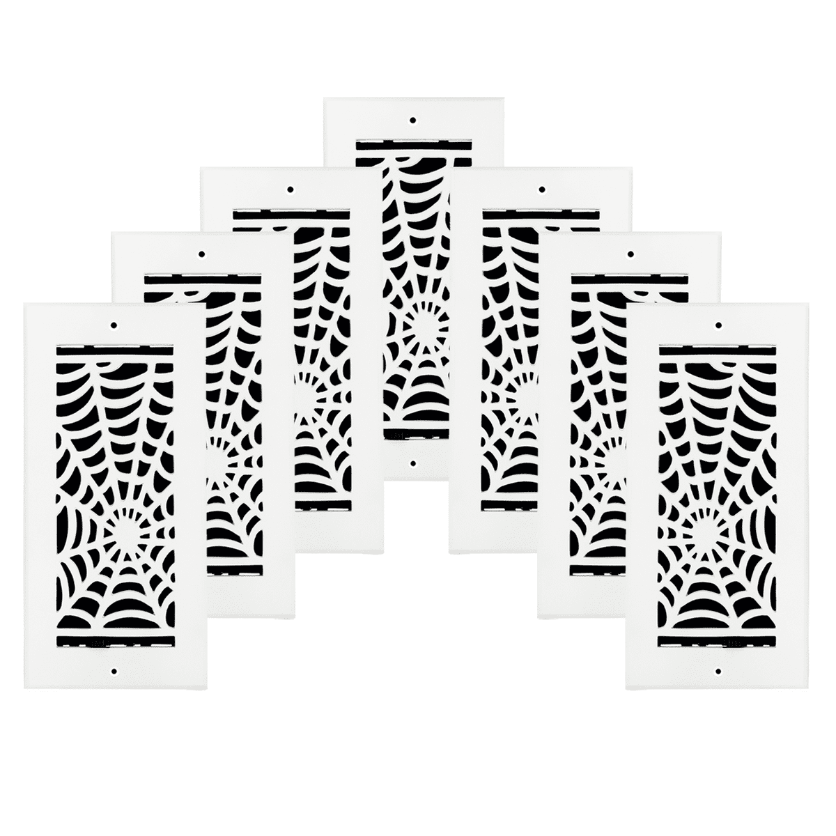 SET OF 7 Spooky Gothic Vent Cover 4"x10" Duct Opening (Overall 5-1/2"x 11-3/4") in Spider Web Solid Cast Aluminum Register Cover || Powder Coated White with holes