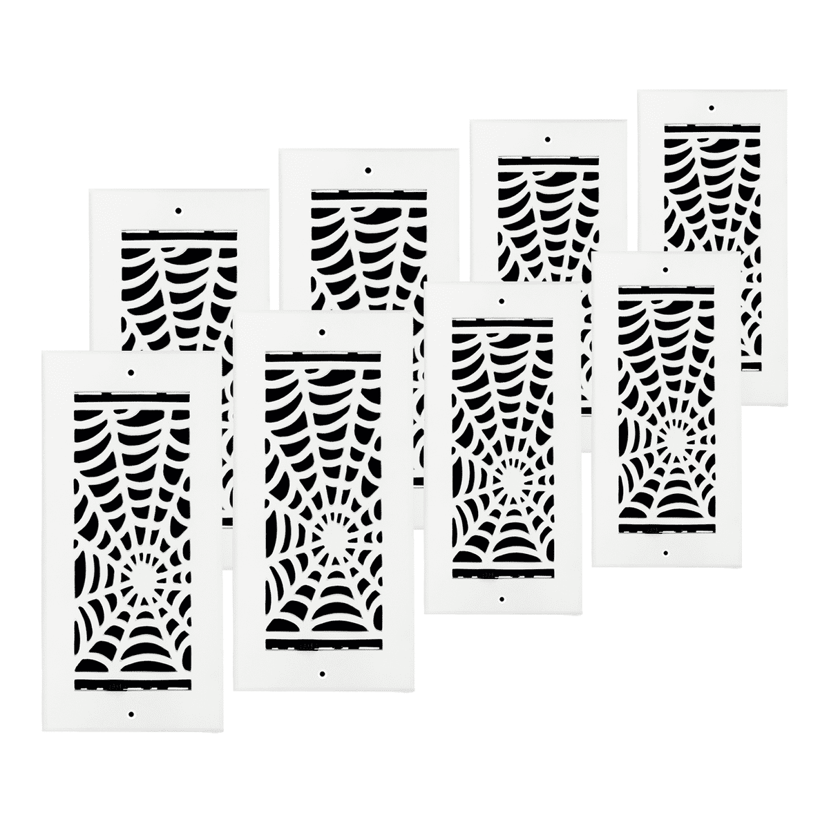 SET OF 8 Spooky Gothic Vent Cover 4"x10" Duct Opening (Overall 5-1/2"x 11-3/4") in Spider Web Solid Cast Aluminum Register Cover || Powder Coated White with holes