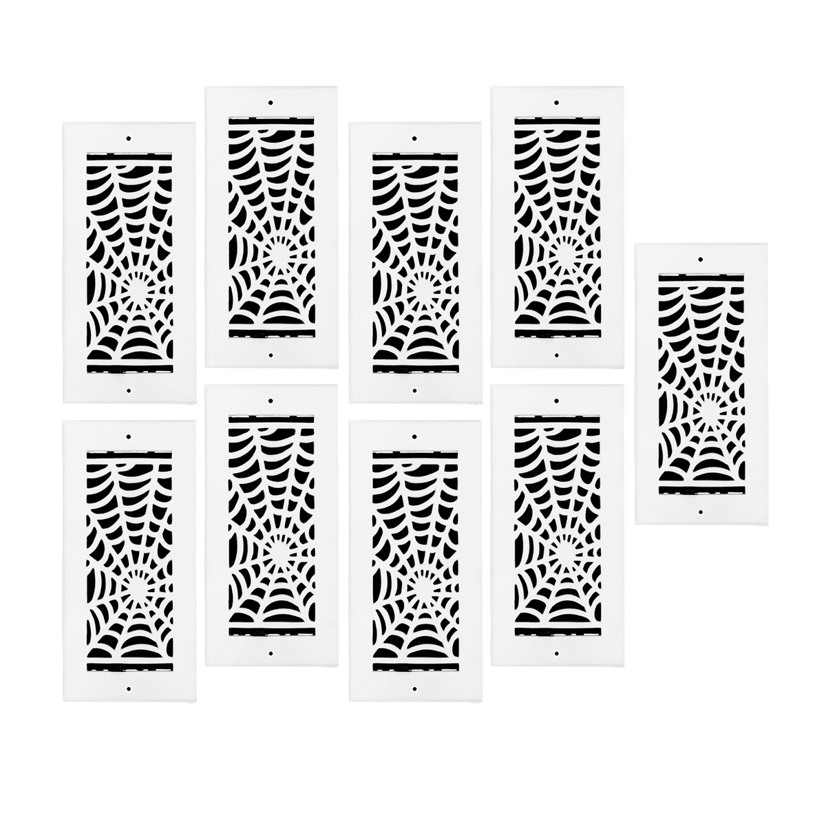 SET OF 9 Spooky Gothic Vent Cover 4"x10" Duct Opening (Overall 5-1/2"x 11-3/4") in Spider Web Solid Cast Aluminum Register Cover || Powder Coated White with holes