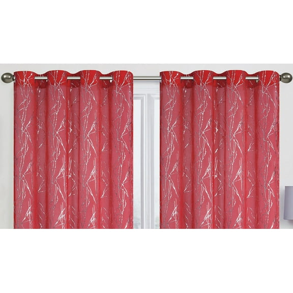 SET OF 2 MARTINA GROMMET TOP SNOW VOILE CURTAIN PANELS WITH SILVER METALLIC ACCENT, 90" LONG, BURGUNDY