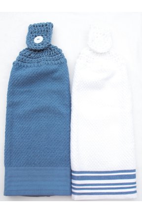 SET OF 2 MATCHING COUNTRY BLUE TERRY CLOTH KITCHEN TOWELS - DOUBLE THICK/FULL WITH HANDMADE CROCHET TOPPER