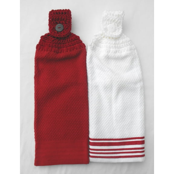 SET OF 2 MATCHING TERRY CLOTH KITCHEN TOWELS - BURGUNDY & WHITE - DOUBLE THICK/FULL WITH HANDMADE CROCHET TOPPER