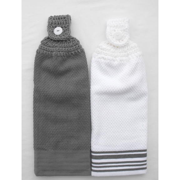 SET OF 2 MATCHING TERRY CLOTH KITCHEN TOWELS - GRAY & WHITE - DOUBLE THICK/FULL WITH HANDMADE CROCHET TOPPER