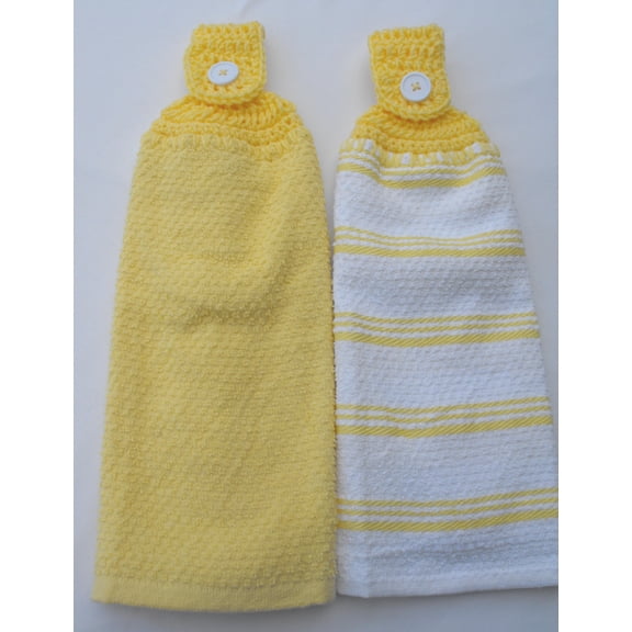 SET OF 2 MATCHING YELLOW TERRY CLOTH KITCHEN TOWELS - DOUBLE THICK/FULL WITH HANDMADE CROCHET TOPPER