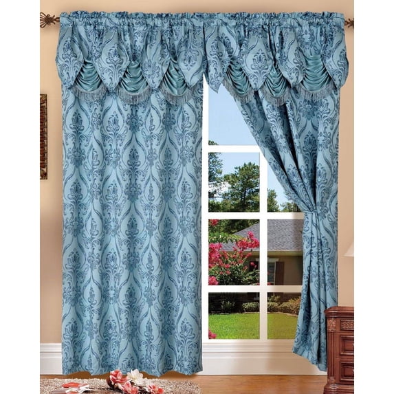SET OF 2 PENELOPIE CURTAIN PANELS WITH ATTACHED AUSTRIAN VALANCE 84 inches long window, BLUE
