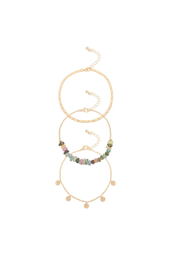 Women's Beaded Anklet Set with Disc Drops, 3-Pack Fashion Jewelry