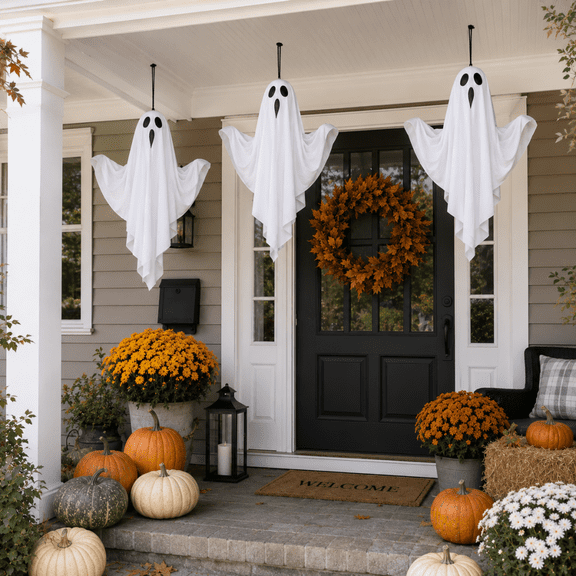 SET OF 3 LIGHTED HANGING GHOST DECORATIONS FOR HALLOWEEN Battery Operated Warm Glow Ghosts For Porch Tree Patio Or Ceiling Hook
