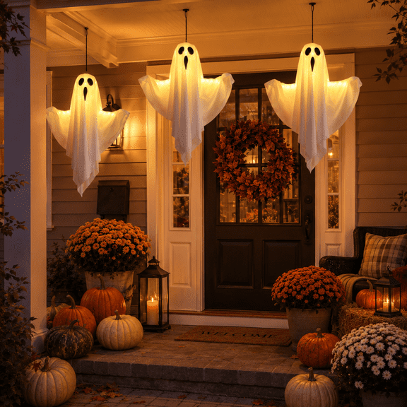 SET OF 3 LIGHTED HANGING GHOST DECORATIONS FOR HALLOWEEN Cute Floating Ghosts With Soft LED Light Indoor Outdoor Spooky Display