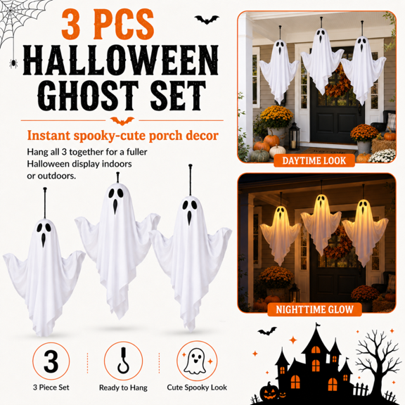 SET OF 3 LIGHTED HANGING GHOST DECORATIONS FOR HALLOWEEN Perfect For Front Porch Window Entryway Or Halloween Party Setup