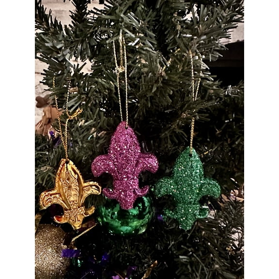 SET OF 3! Mardi Gras Purple Green and Gold Fleur De Lis New Orleans Ornament 2 Glitter and 1 metallic designs, Christmas, Mardi Gras Decor