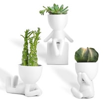 SET OF 3 - Mini Decorative Pots with Drainage by Port&Petal - Human Shaped Ceramic Succulent Planters - Little People Pots for Plants for Desktop, Home Decoration, Office, Cafes - White