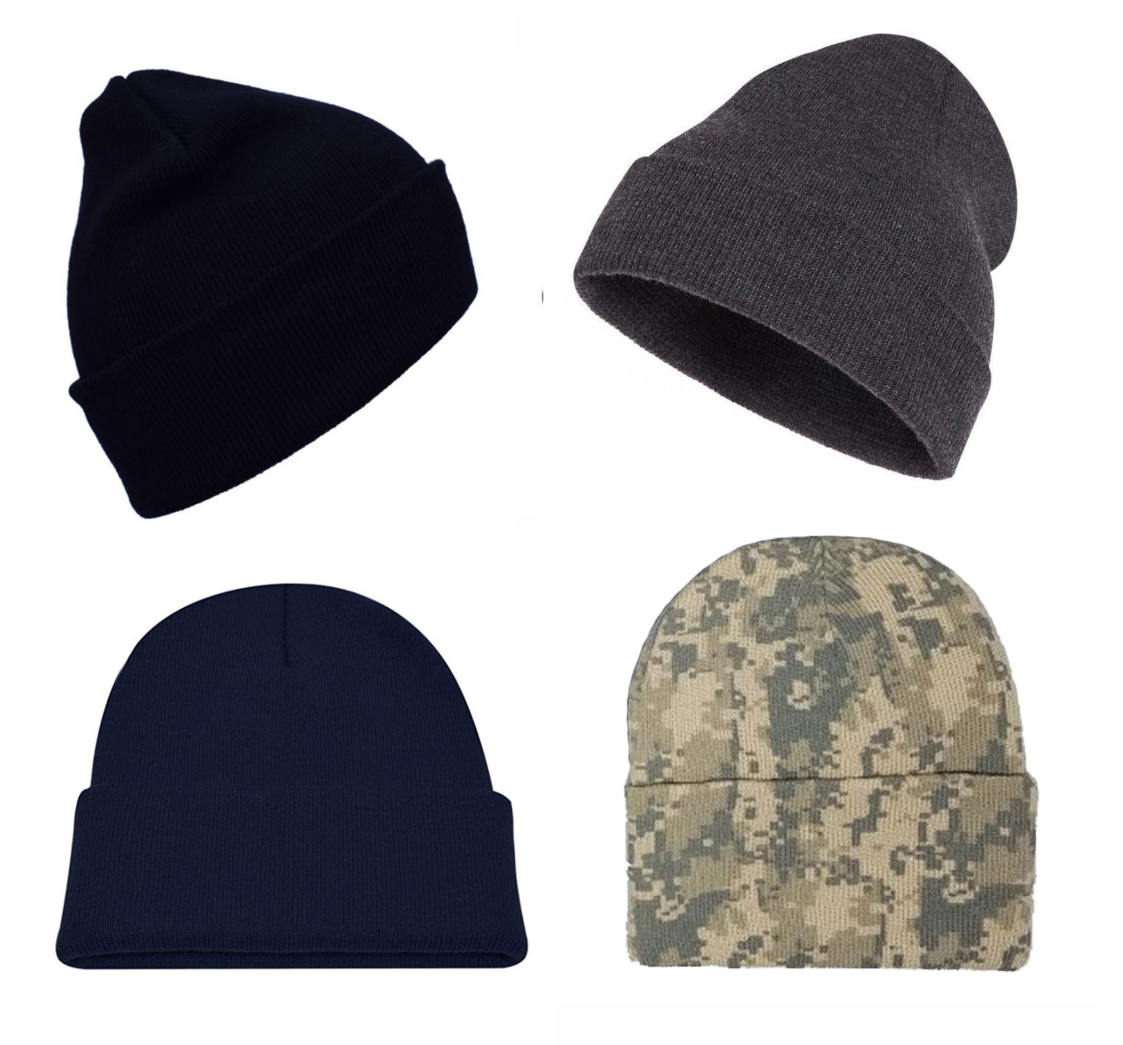 SET OF 4 BEANIE Warm Winter Beanies Hats Cap Toboggans Thermal Knit Cuff Acrylic Ski hats 12" (Navy+Black+Gray+Camo) - image 1 of 5