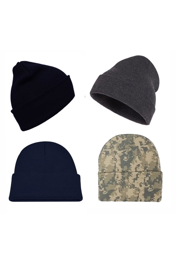 SET OF 4 BEANIE Warm Winter Beanies Hats Cap Toboggans Thermal Knit Cuff Acrylic Ski hats 12" (Navy+Black+Gray+Camo)