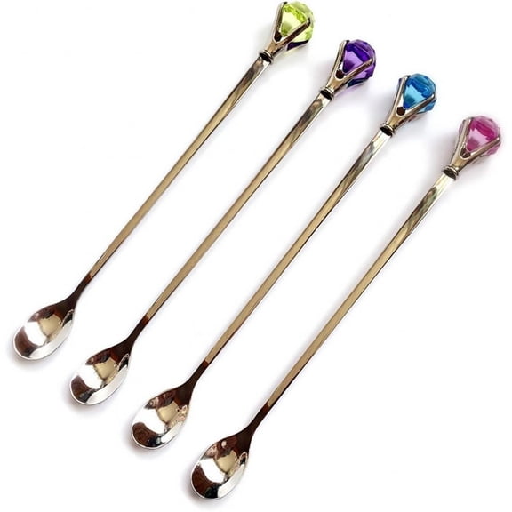 SET OF 4PCS Lovely Tableware Crystal/Rhinestone Stainless Steel Mixing Spoon, Cocktail Shaker Spoon,Party Stir Bar Spoon,Long Handle Spoon
