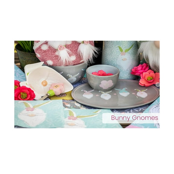SET OF FOUR (4) Boston International Easter Platter Table Dcor Ceramic Oval Serving Plate, 10 x 5-Inches, Bunny Gnomes