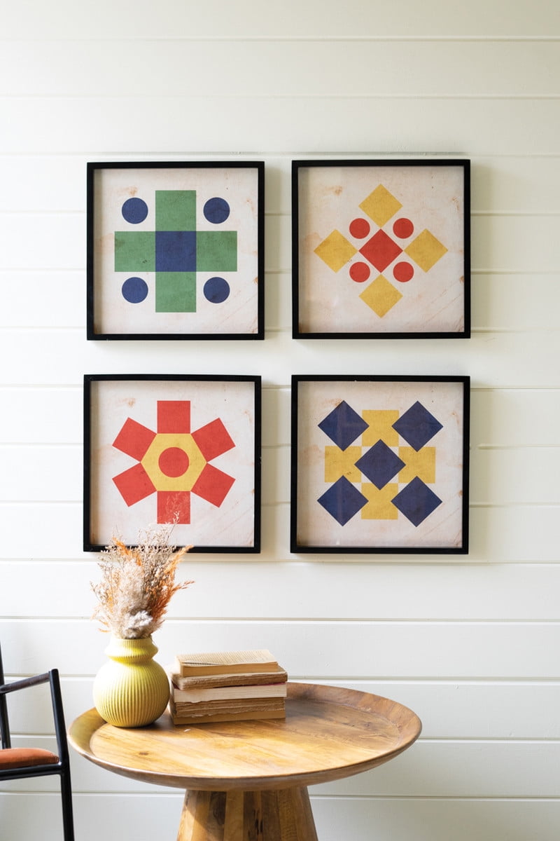 Set of Four Colorful Geometric Prints in Black Frames