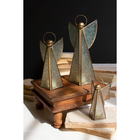 SET OF THREE ANTIQUE BRASS AND GLASS CHRISTMAS ANGELS