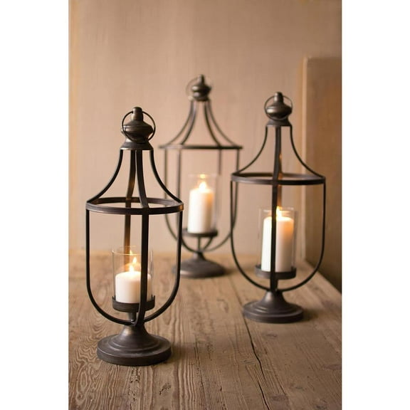 SET OF THREE METAL LANTERNS WITH GLASS INSERT