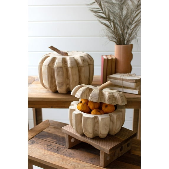 Kalalou Inc Set Of Two Carved Wood Pumpkins With Removable Lids