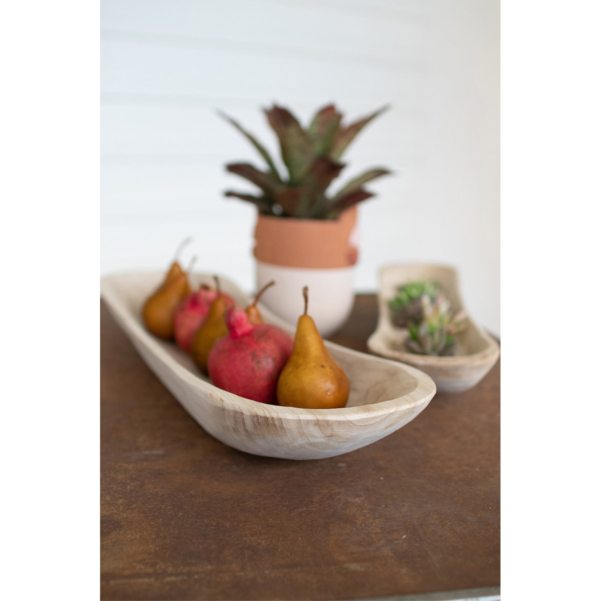 SET OF TWO HAND CARVED OVAL WOODEN BOWLS