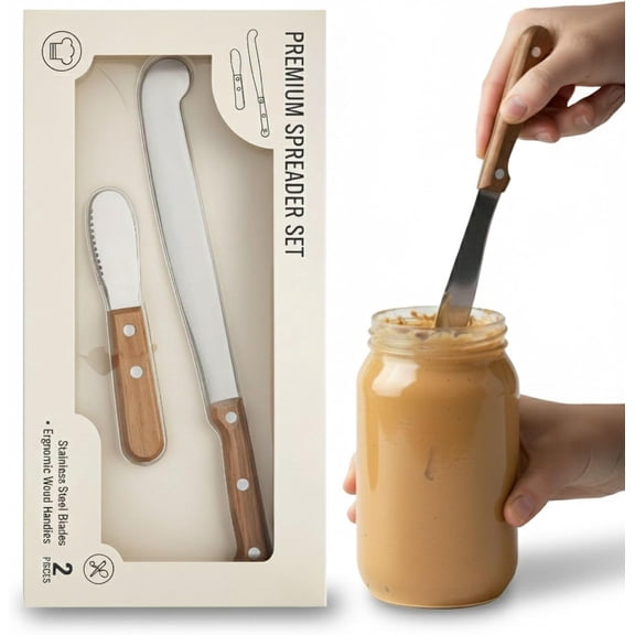 SET OF TWO SPREADING KNIVES 1 FOR PEANUT BUTTER (12" x 1.5") THAT WORKS GREAT WITH JARS AND ONE BONUS SHORT SPREADING KNIFE (5" x 0.82")
