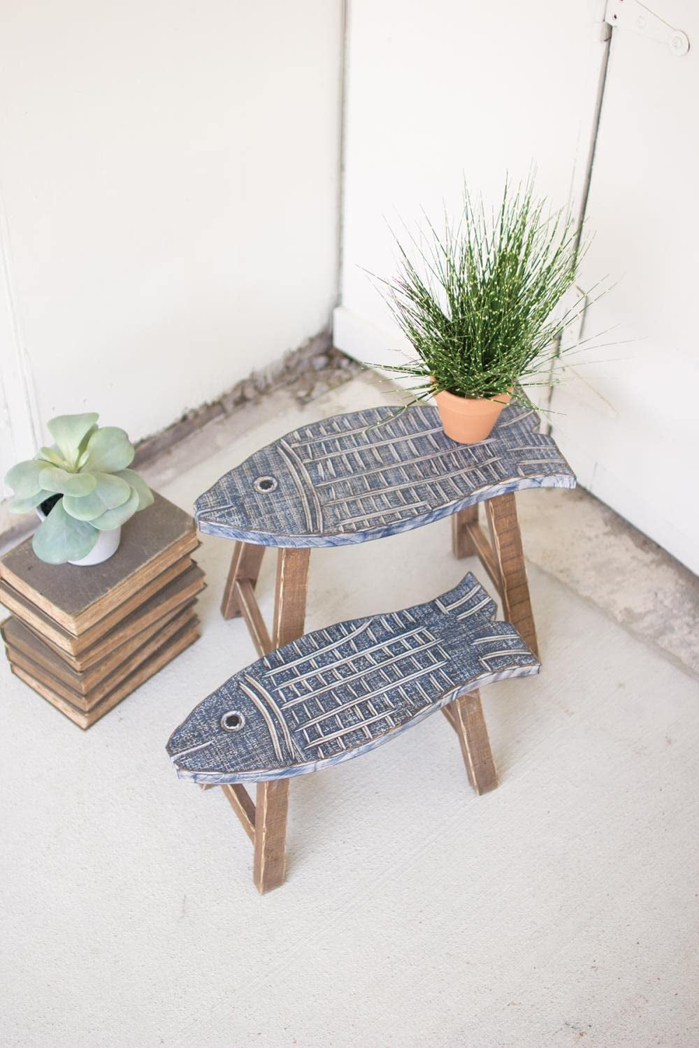 Set of Two Blue and Brown Wooden Fish Stools