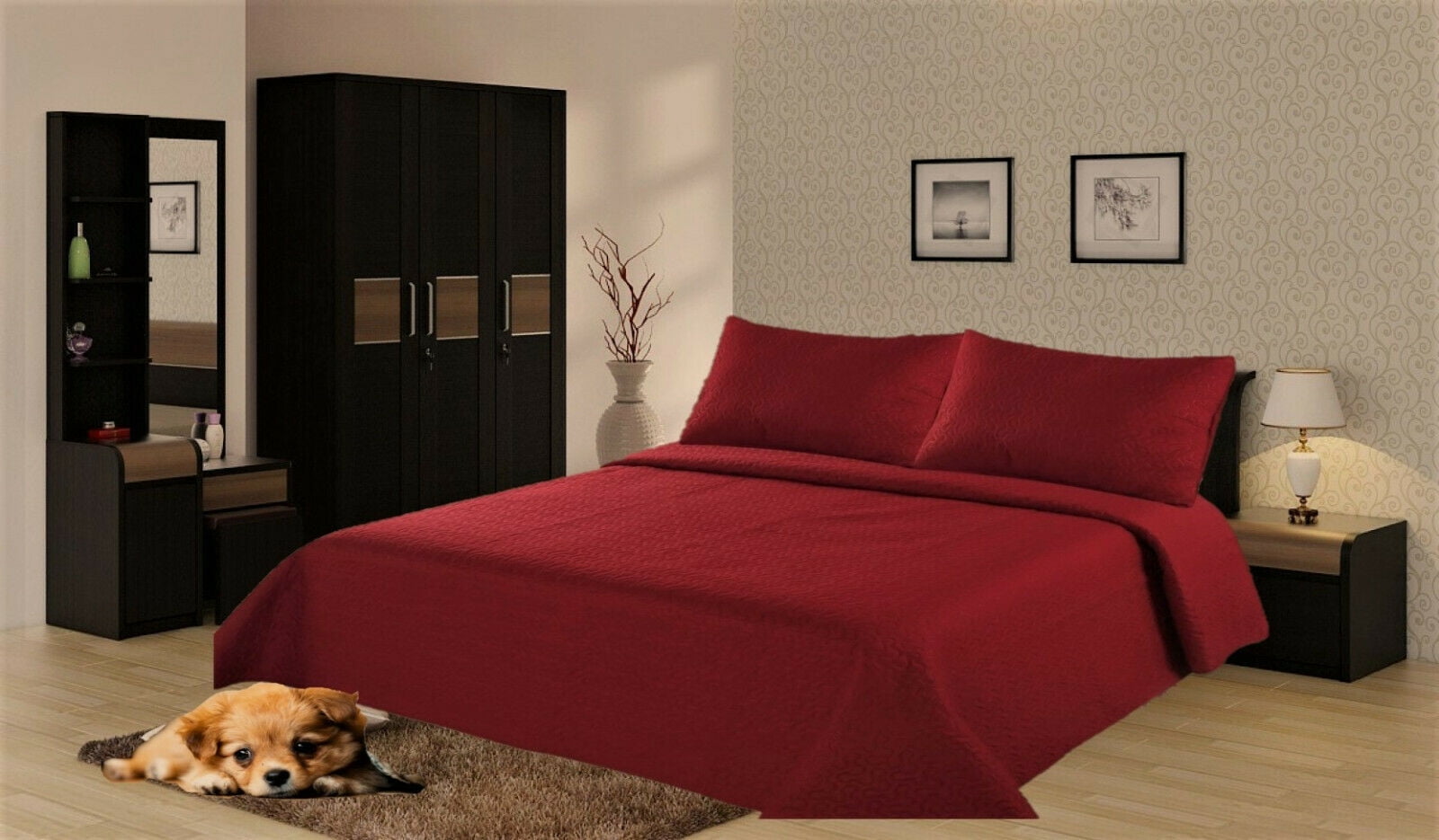 SET RED QUILT SOFT BED BEDSPREAD QUILT COVERLETS SET EMBOSSED SOLID