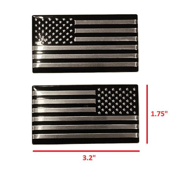 (SET of TWO) 3.2" x 1.75" Chrome and Black Aluminum Embossed Left & Right American Flag Decal Emblem Sticker Badge United States Stick On Fender Bed Car Truck Window Made in USA