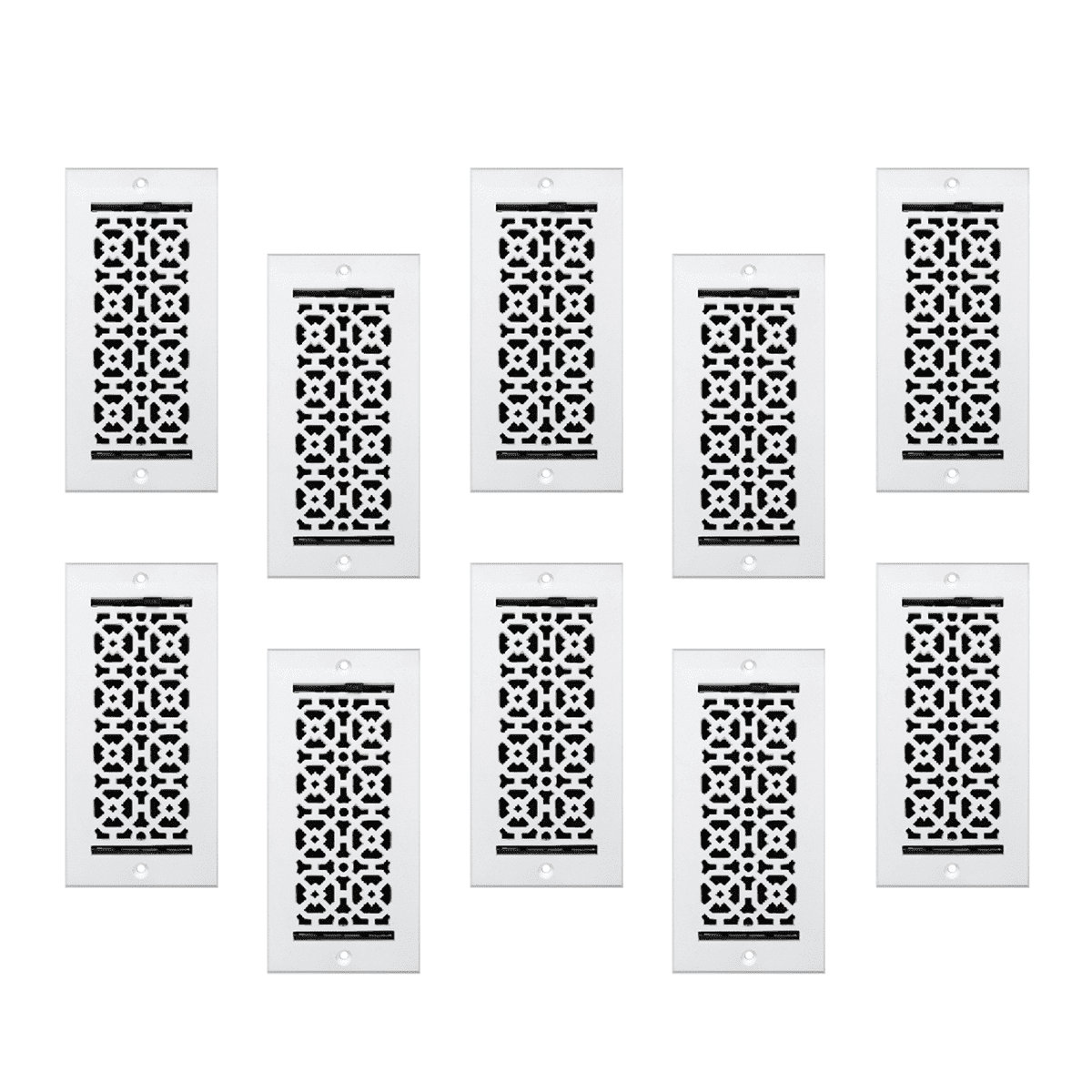 SET of 10 Achtek Air Supply Vent 4"x 10" Duct Opening (Overall 5-1/2"x 11-3/4") Solid Cast Aluminum Register Cover || Powder Coated White with holes