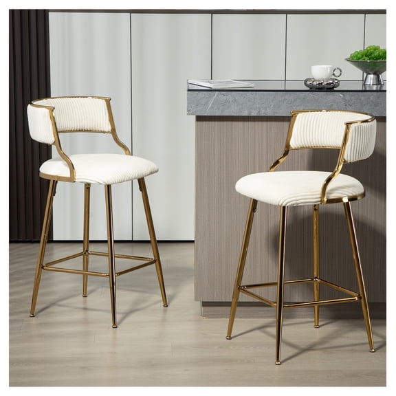 (SET of 2) 26'' Counter height bar stools Corduroy kitchen island counter bar stool with back,golden chromed base and footrest (BEIGE)