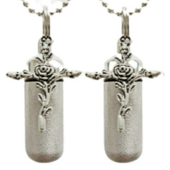 SET of TWO - Brushed Silver ROSE CROSS CREMATION URN Keepsakes with ENGRAVED HEARTS - Includes Velvet Pouches, Ball-Chains and Fill Kit